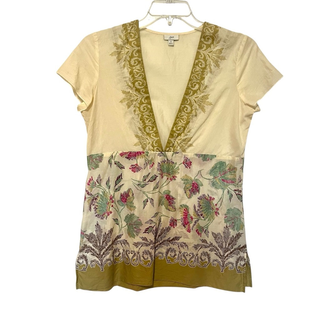 J. Jill Cream and Olive Floral V-Neck Blouse